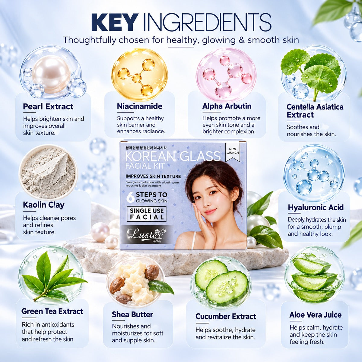 Luster Korean Glass Facial Kit – 6-Step Single-Use Facial for Glowing & Hydrated Skin - 50ML