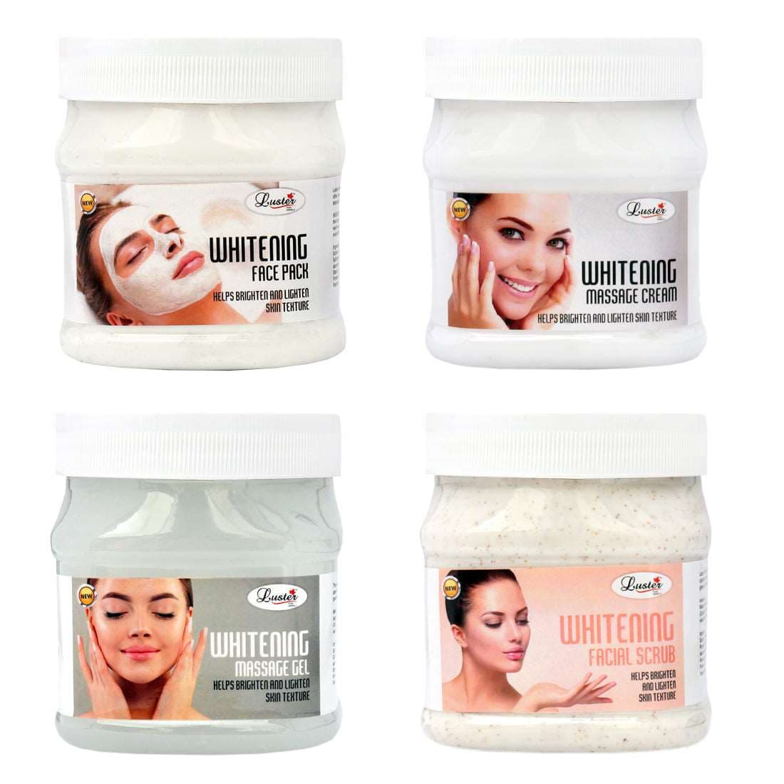 Luster Whitening Facial Kit | Helps Brighten & Lighten Skin | Whitening Facial Scrub | Whitening Massage Cream | Whitening Massage Gel | Whitening Face Pack | Whitening Facial Kit for Women & Men | No Paraben & Sulfate- 500 ml (Pack of 4)