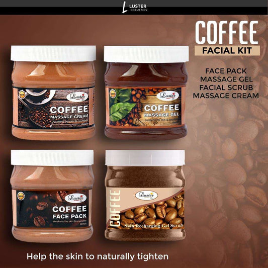 Luster Coffee Facial Kit | Awaken the Skin & Nourishes Deeply | Coffee Facial Scrub | Coffee Massage Cream | Coffee Massage Gel | Coffee Face Pack | Coffee Facial Kit for Women & Men | No Paraben & Sulfate- 500 ml (Pack of 4). - Image #1
