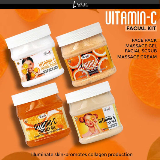 Luster Vitamin C Facial Kit | Helps Tan & Dirt Removal | Vitamin C Facial Scrub | Vitamin C Massage Cream | Vitamin C Massage Gel | Vitamin C Face Pack | Vitamin C Facial Kit for Women & Men | No Paraben & Sulfate- 500 ml (Pack of 4).