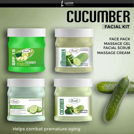 Luster Cucumber Facial Kit | Helps Hydrate & Moisturize Skin | Facial Scrub | Massage Cream | Massage Gel | Face Pack | Facial Kit for Women & Men | No Paraben & Sulfate- 500 ml (Pack of 4).