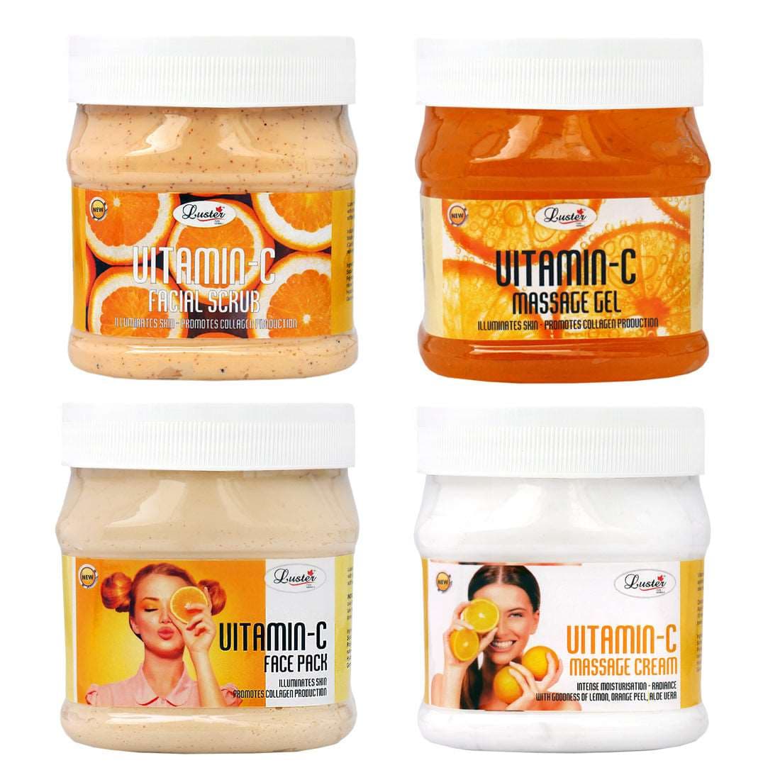 Luster Vitamin C Facial Kit | Helps Tan & Dirt Removal | Vitamin C Facial Scrub | Vitamin C Massage Cream | Vitamin C Massage Gel | Vitamin C Face Pack | Vitamin C Facial Kit for Women & Men | No Paraben & Sulfate- 500 ml (Pack of 4).