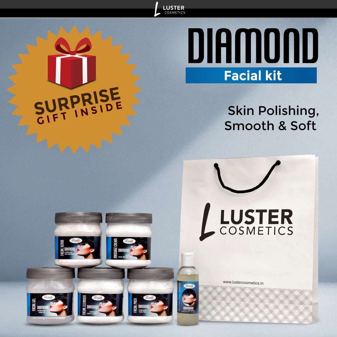 Luster Diamond Skin Polishing Facial Kit Salon Eco Pack (2600 ml) - Paraben & Sulfate Free.