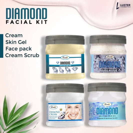 Luster Diamond Facial Kit | Diamond Facial Scrub | Diamond Massage Cream | Diamond Massage Gel | Diamond Face Pack | Diamond Facial Kit for Women & Men | No Paraben - 500 ml (Pack of 4).