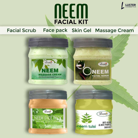 Luster Neem Facial Kit | Reduces Pimples | Neem Facial Scrub | Neem Massage Cream | Neem Massage Gel | Neem Face Pack | Neem Facial Kit for Women & Men | No Paraben & Sulfate- 500 ml (Pack of 4)
