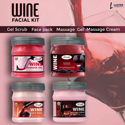 Luster Wine Facial Kit | Instant Glow & Nourishment | Wine Facial Scrub | Wine Massage Cream | Wine Massage Gel | Wine Face Pack | Wine Facial Kit for Women & Men | No Paraben - 500 ml (Pack of 4)