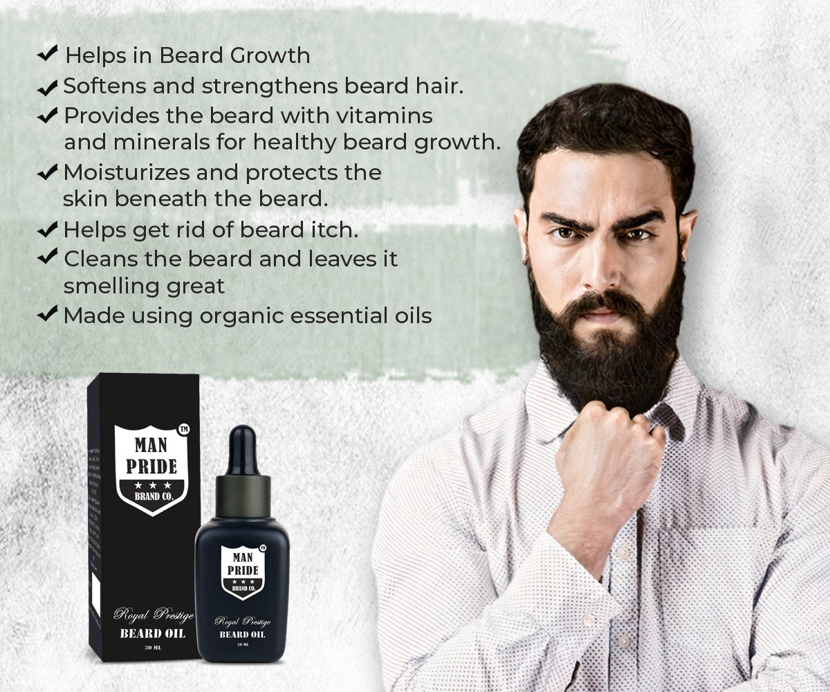 Man Pride Brand Co. Combo Pack | Beard Oil For Faster Beard Growth (30ml) | Charcoal, Neem & Aloe Vera Foaming Face Wash with Brush (100ml) | Stronghold Hair & Beard Wax For Men (75g). - Luster Cosmetics
