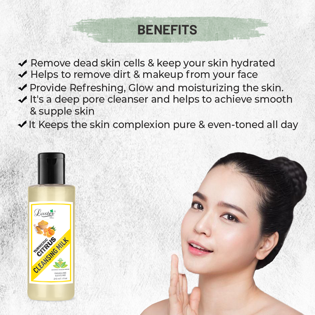 Luster Turmeric Citrus Cleansing Milk For Face | Extra Care Cleansing Milk With Turmeric Citrus Water | Cleansing Milk For Makeup Remover | Paraben & Sulfate Free - 210ml - Luster Cosmetics
