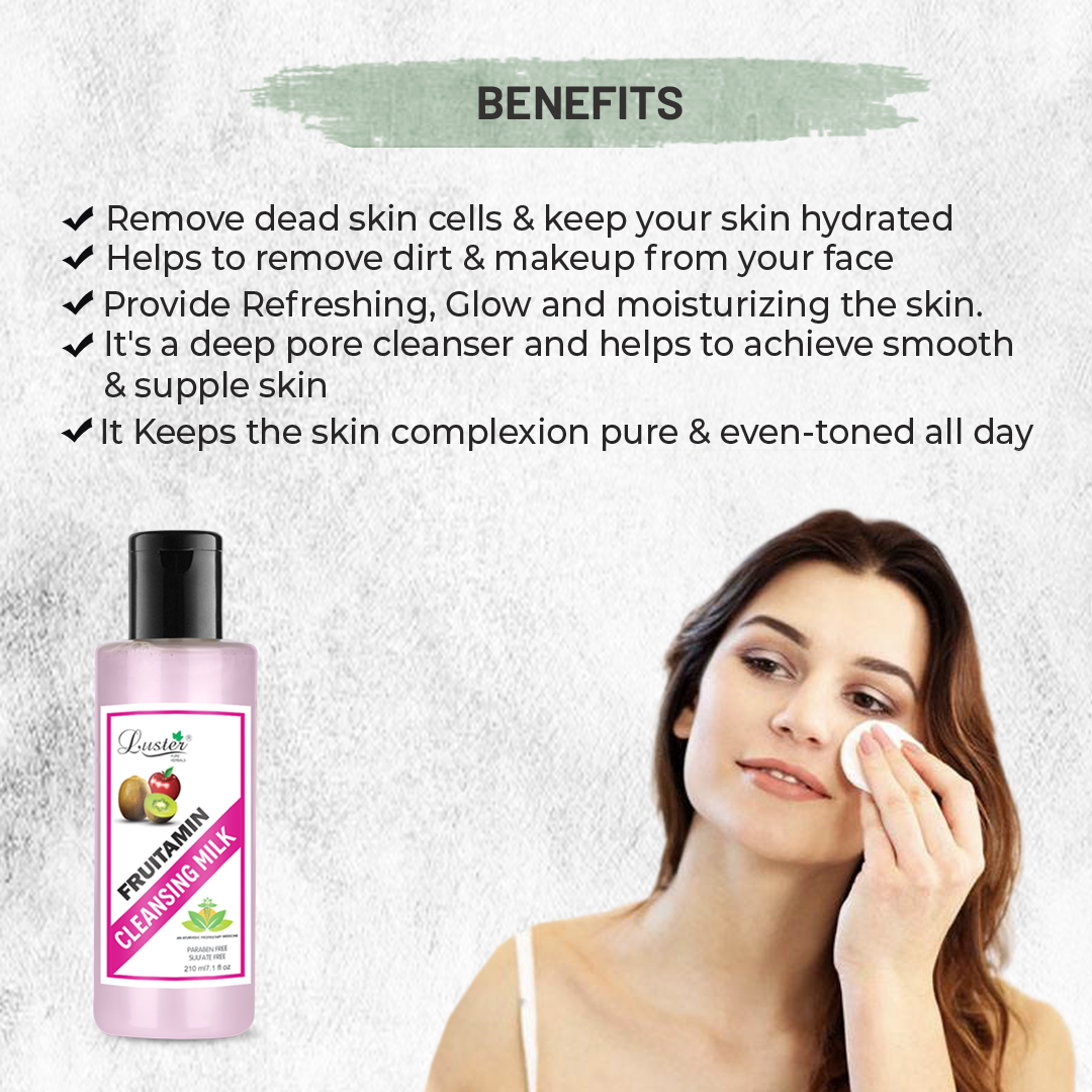 Luster Fruitamin Extra Care Cleansing Milk | Enriched With Apple & Kiwi Extracts | For Smooth Soft & Clean Skin | Cleansing Milk For Face | Paraben & Sulfate Free - 210ml - Luster Cosmetics