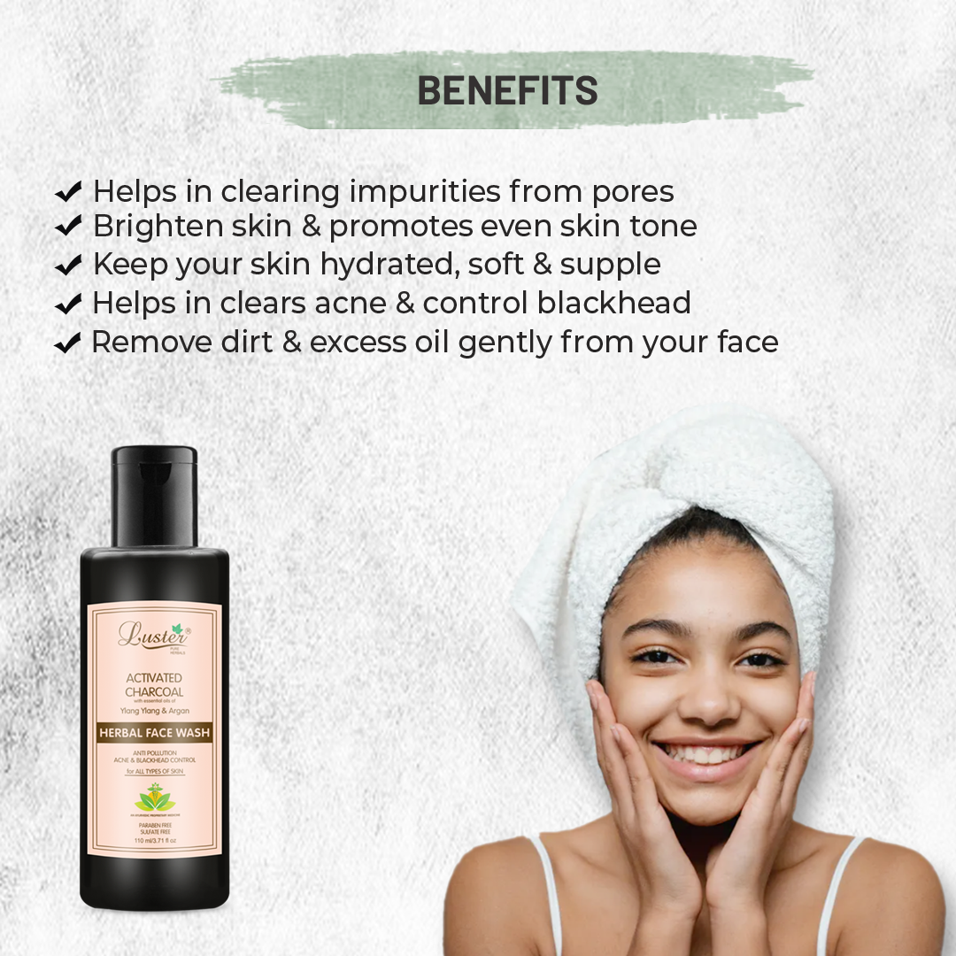 Luster Activated Charcoal Face Wash | Enriched With Ylang Ylang & Argan Extracts | Acne & Blackhead Control | Women & Men’s Face Wash | All Skin Types (Paraben & Sulphate Free) -110ml - Luster Cosmetics