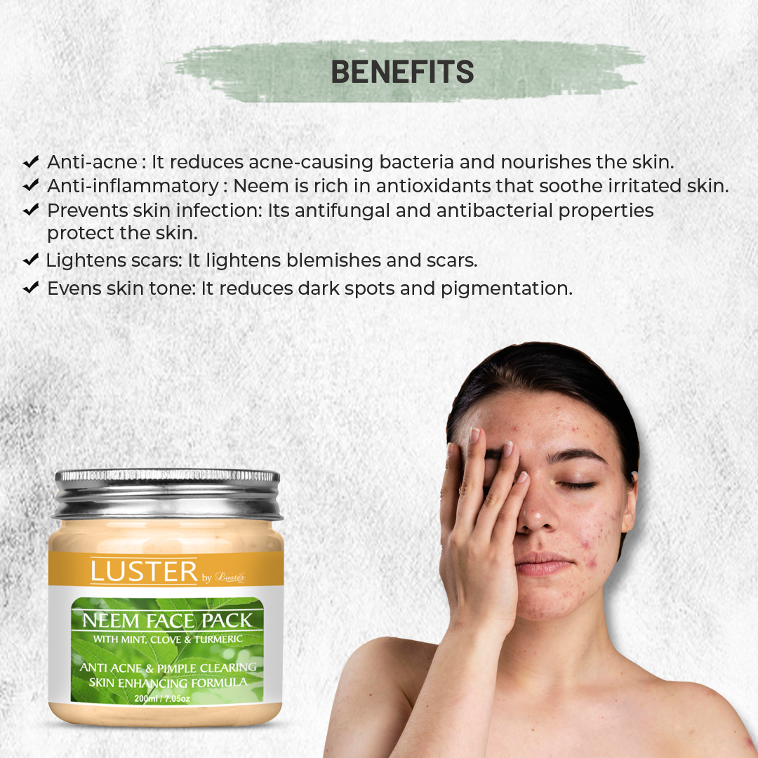 Luster Neem Face Pack | Anti-Acne | Pimple Clearing | Ayurvedic Face Pack | With Turmeric, Mint & Clove | Paraben Free | 200 g - Luster Cosmetics