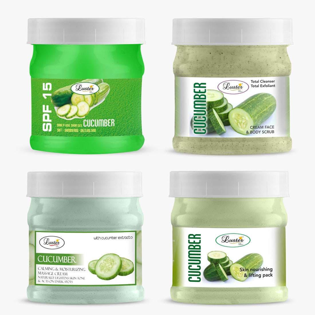 Luster Cucumber Facial Kit | Helps Hydrate & Moisturize Skin | Facial Scrub | Massage Cream | Massage Gel | Face Pack | Facial Kit for Women & Men | No Paraben & Sulfate- 500 ml (Pack of 4).