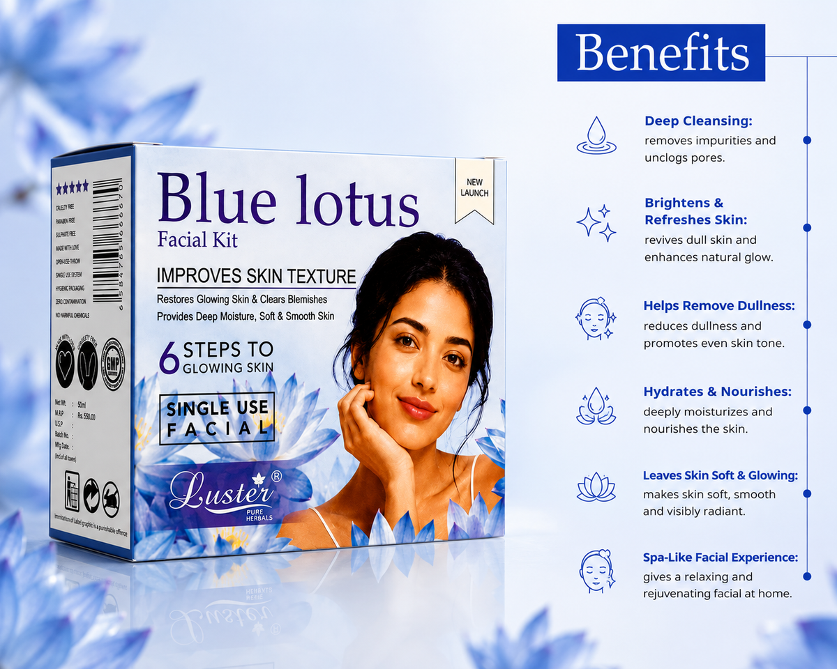 Luster Pure Herbals Blue Lotus 6-Step Single-Use Facial Kit for Glowing & Smooth Skin - 120ML