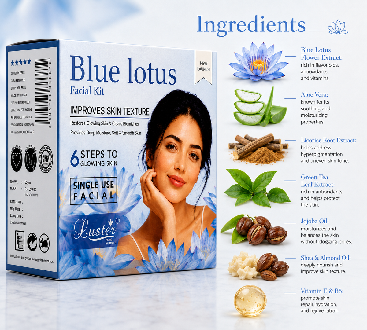 Luster Pure Herbals Blue Lotus 6-Step Single-Use Facial Kit for Glowing & Smooth Skin - 120ML