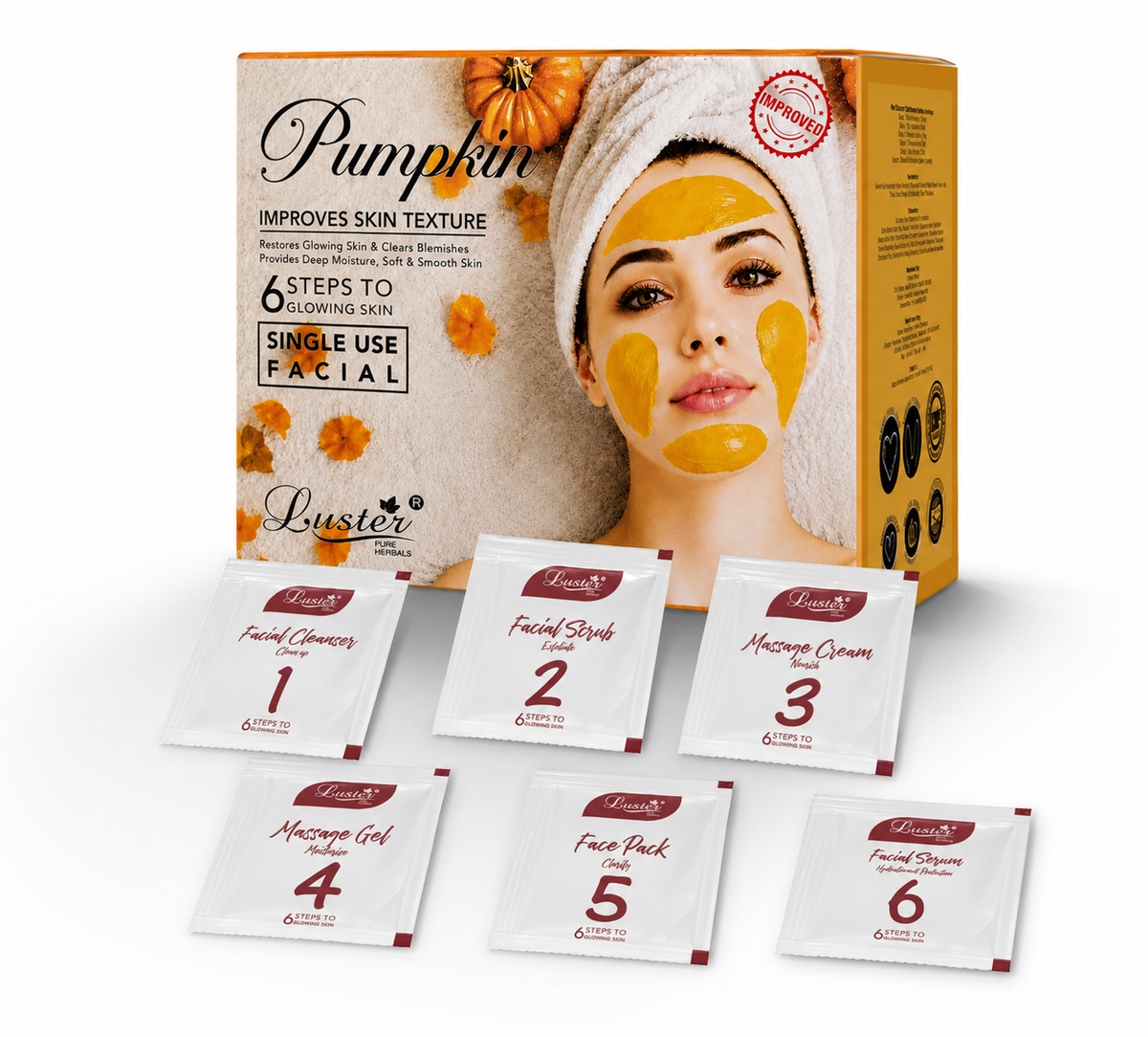 Luster Pumpkin Single Use Facial Kit – 6 Step Glowing Skin Facial - 320ML