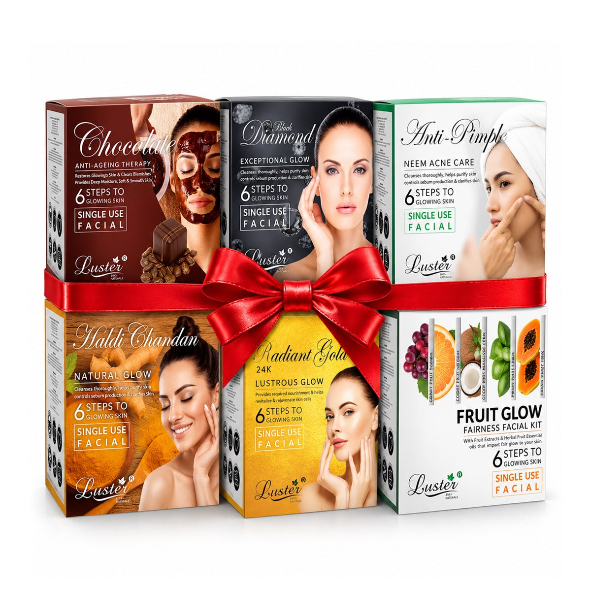 Luster Combo Pack of 6 Facial Kits – Six Facial Experiences for Glowing Skin | 240g