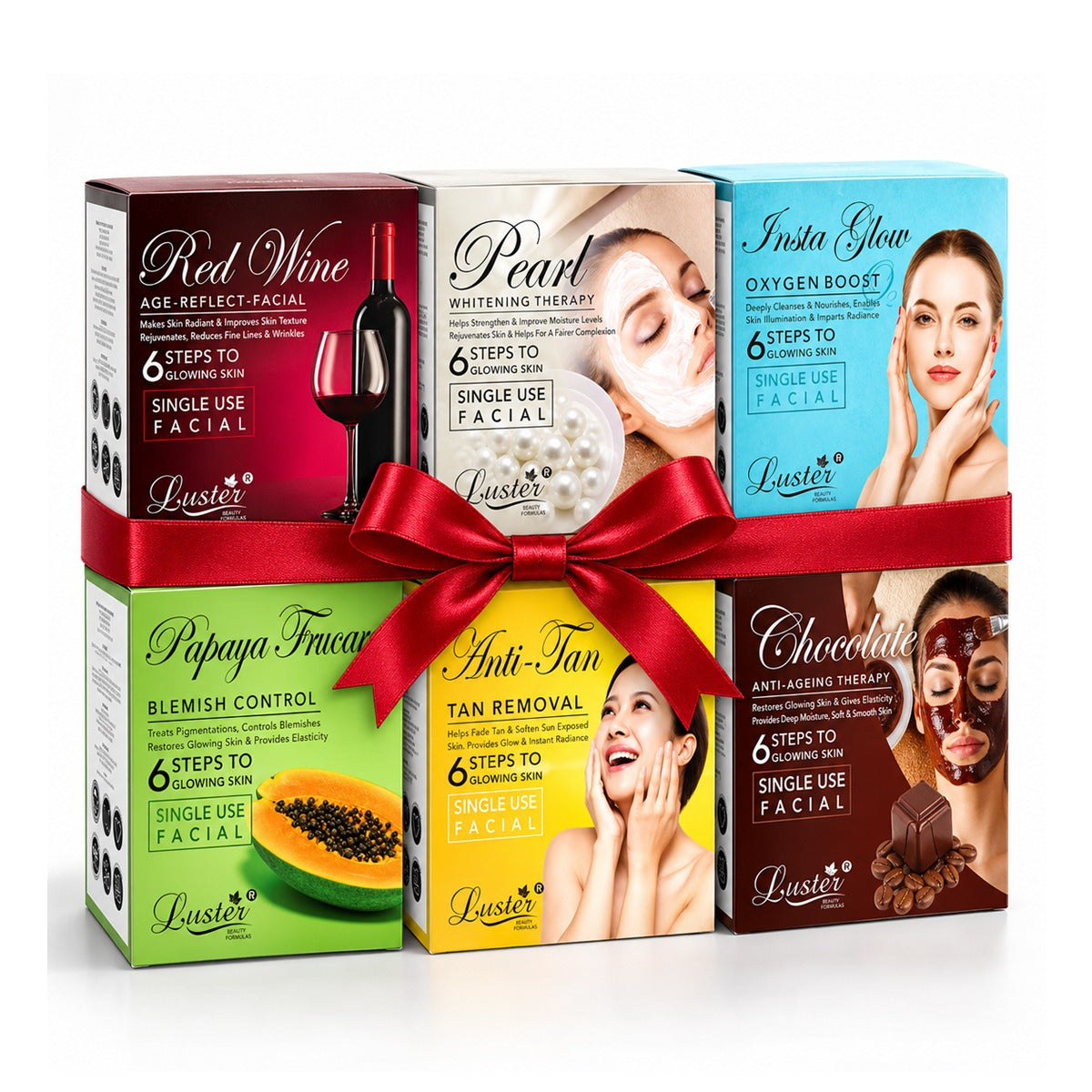 Luster Combo Pack of 6 Facial Kits – Red Wine, Pearl, Insta Glow, Papaya Frucare, Anti-Tan & Chocolate | 6-Step Facial Kits | 40g Each
