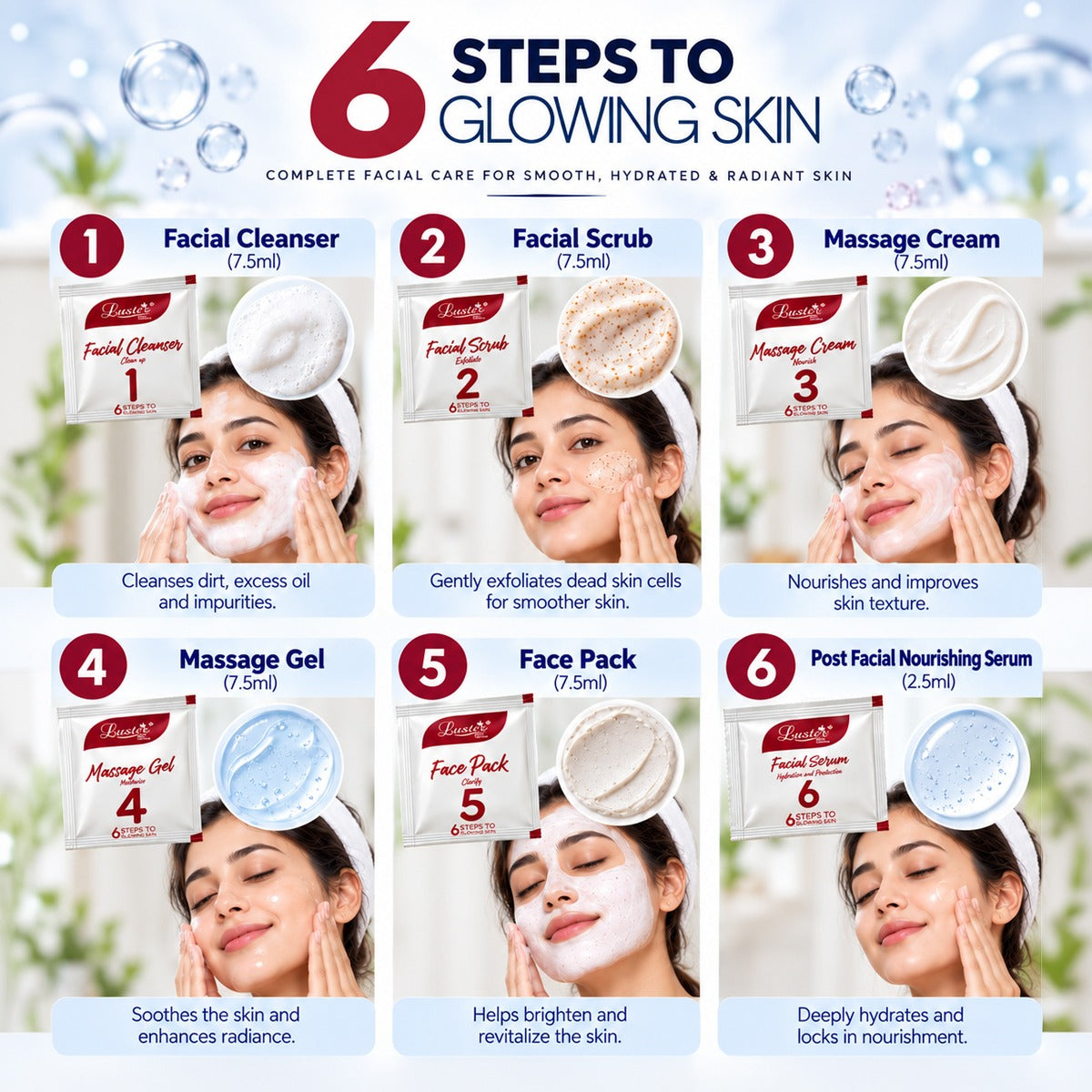 Luster Korean Glass Facial Kit – 6-Step Single-Use Facial for Glowing & Hydrated Skin - 120ML