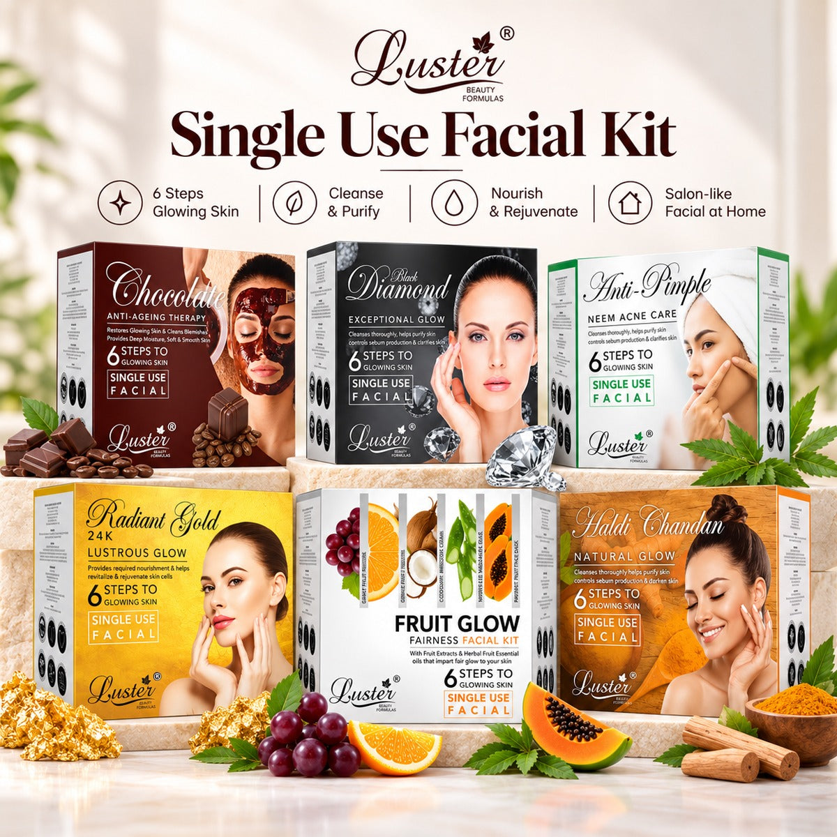 Luster Combo Pack of 6 Facial Kits – Six Facial Experiences for Glowing Skin | 240g