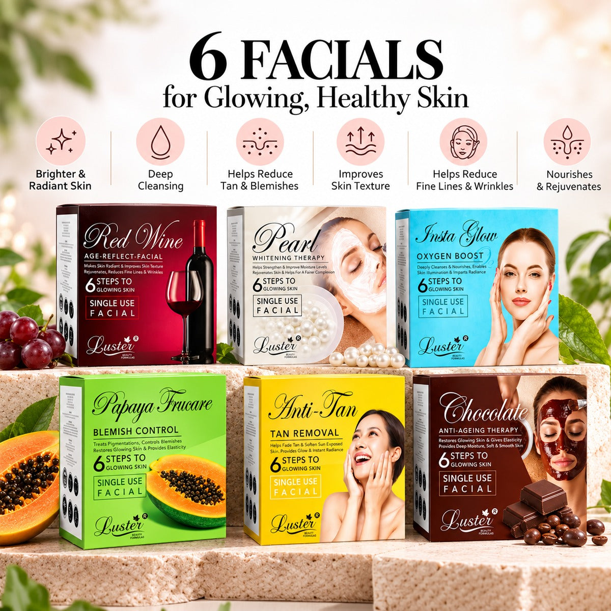 Luster Combo Pack of 6 Facial Kits – Red Wine, Pearl, Insta Glow, Papaya Frucare, Anti-Tan & Chocolate | 6-Step Facial Kits | 40g Each