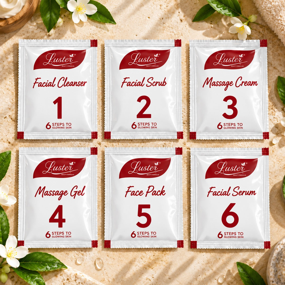 Luster Combo Pack of 6 Facial Kits – Red Wine, Pearl, Insta Glow, Papaya Frucare, Anti-Tan & Chocolate | 6-Step Facial Kits | 40g Each