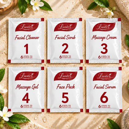 Luster Combo Pack of 6 Facial Kits – Red Wine, Pearl, Insta Glow, Papaya Frucare, Anti-Tan & Chocolate | 6-Step Facial Kits | 40g Each