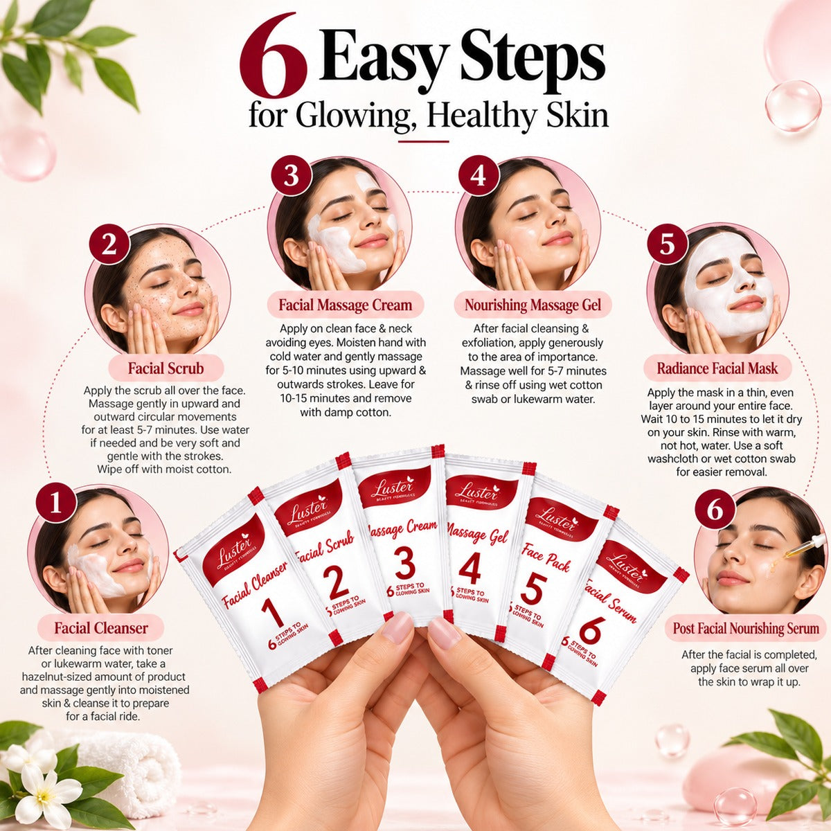 Luster Combo Pack of 6 Facial Kits – Red Wine, Pearl, Insta Glow, Papaya Frucare, Anti-Tan & Chocolate | 6-Step Facial Kits | 40g Each