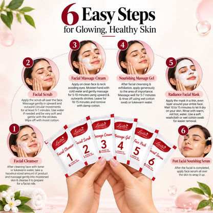 Luster Combo Pack of 6 Facial Kits – Red Wine, Pearl, Insta Glow, Papaya Frucare, Anti-Tan & Chocolate | 6-Step Facial Kits | 40g Each