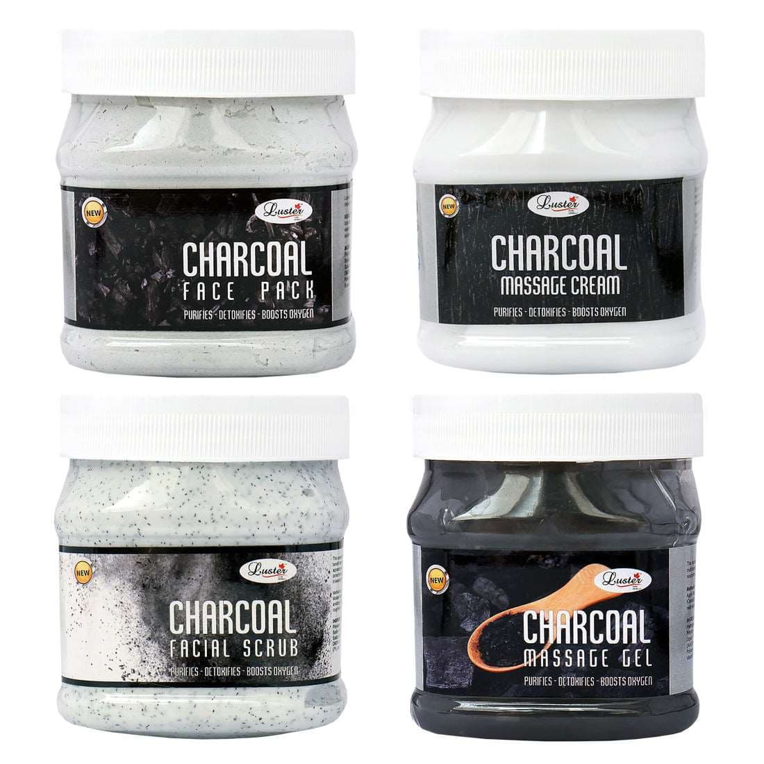 Luster Charcoal Facial Kit | Helps Purifies, Detoxifies & Boost Oxygen | Facial Scrub | Massage Cream | Massage Gel | Face Pack | Facial Kit for Women & Men | No Paraben & Sulfate- 500 ml (Pack of 4).