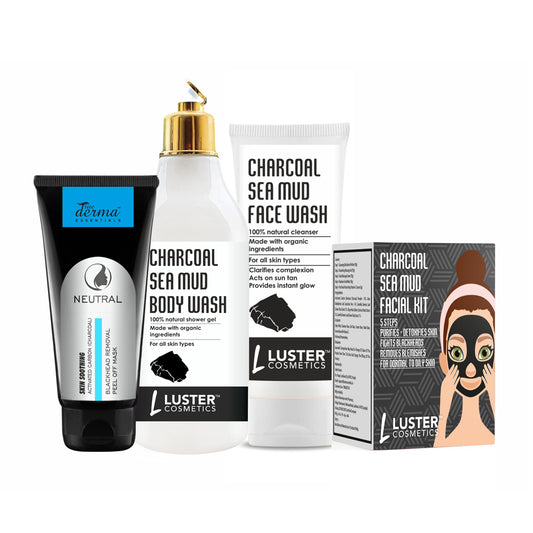 Luster Cosmetics Charcoal Combo Pack | Peel Off Mask (100ml) | Body Wash (300ml) | Face Wash (100ml) | Facial Kit (45g) | Detoxifies Skin | Enriched With Pure Carbon | Acne & Pimples Treatment | Paraben & Salfate Free