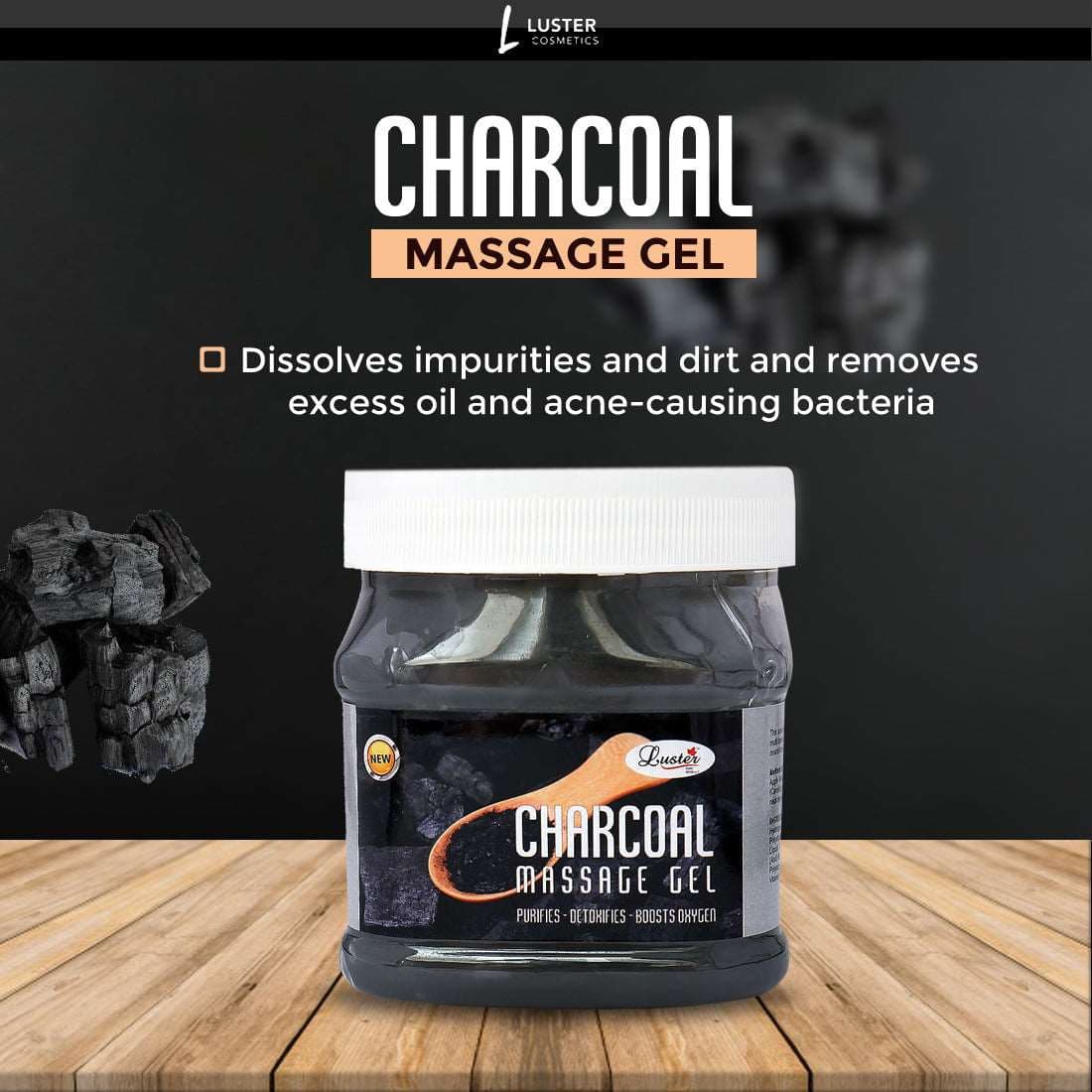 Luster Charcoal Face & Body Massage Gel (Paraben & Sulfate Free) - 500 ml
