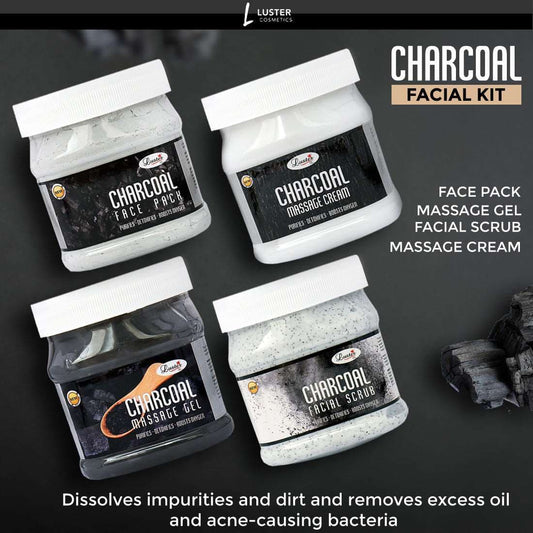 Luster Charcoal Facial Kit | Helps Purifies, Detoxifies & Boost Oxygen | Facial Scrub | Massage Cream | Massage Gel | Face Pack | Facial Kit for Women & Men | No Paraben & Sulfate- 500 ml (Pack of 4).