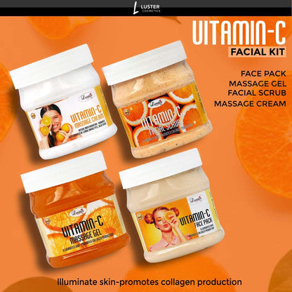 Luster Vitamin C Facial Kit | Helps Tan & Dirt Removal | Vitamin C Facial Scrub | Vitamin C Massage Cream | Vitamin C Massage Gel | Vitamin C Face Pack | Vitamin C Facial Kit for Women & Men | No Paraben & Sulfate- 500 ml (Pack of 4).