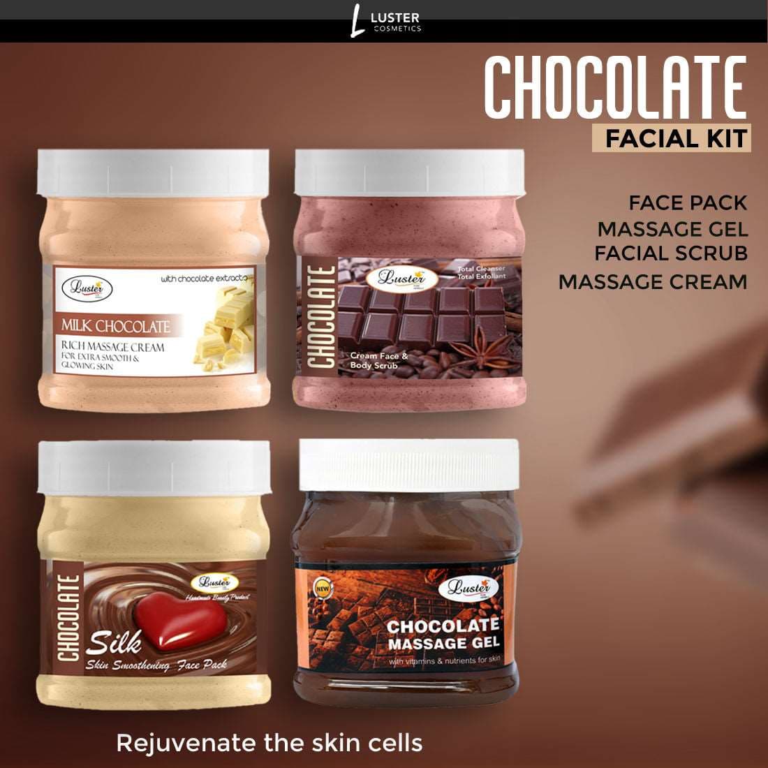 Luster Chocolate Facial Kit | Helps Skin Moisturizing & Nourishing | Facial Scrub | Massage Cream | Massage Gel | Face Pack | Chocolate Facial Kit for Women & Men | No Paraben & Sulfate- 500 ml (Pack of 4).