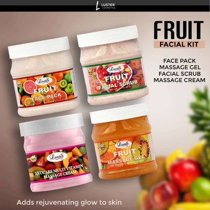 Luster Fruit Facial Kit | Helps Brighten & Glowing Skin | Fruit Facial Scrub | Fruit Massage Cream | Fruit Massage Gel | Fruit Face Pack | Fruit Facial Kit for Women & Men | No Paraben & Sulfate- 500 ml (Pack of 4).