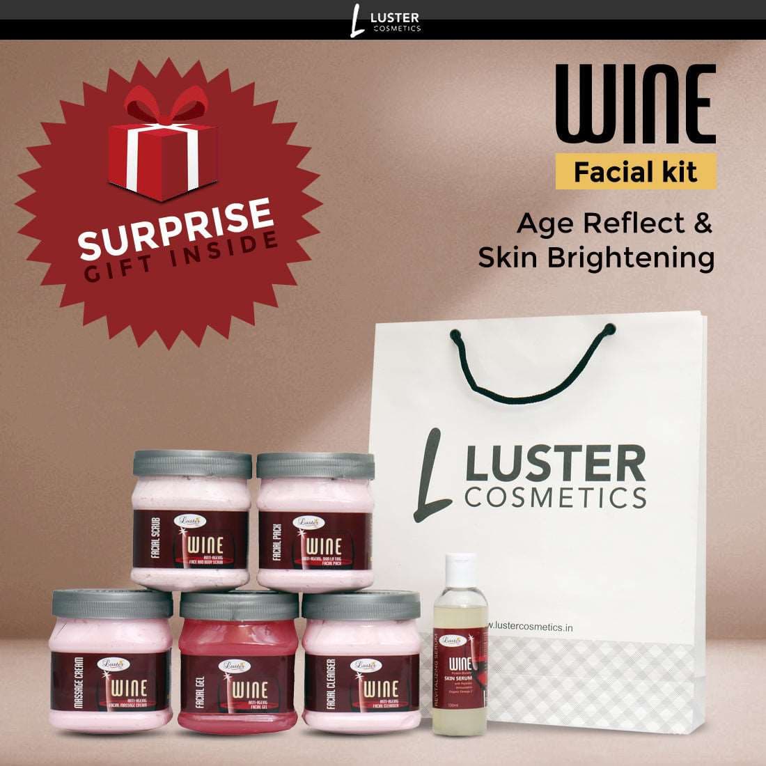 Luster Wine (Anti-ageing) Facial Kit Salon Eco Pack (2600 ml) - Paraben & Sulfate Free.