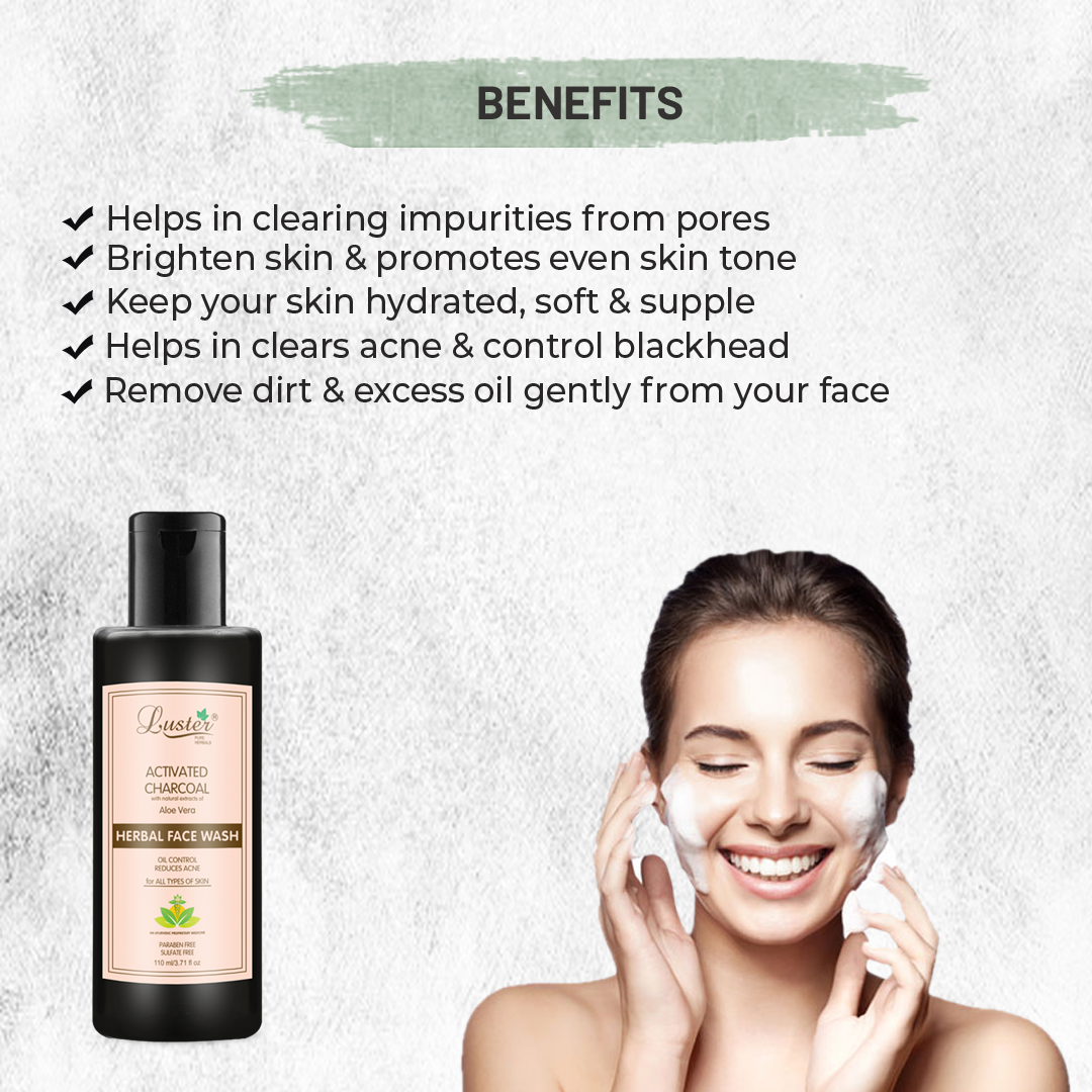 Luster Activated Charcoal Face Wash | Enriched With AloeVera Extracts | Reduces Acne | Face Wash For Oily & Dry Skin | For Women & Men (Paraben & Sulphate Free) -110ml - Luster Cosmetics
