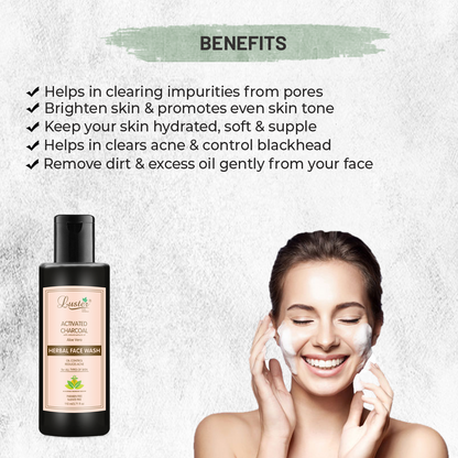 Luster Activated Charcoal Face Wash | Enriched With AloeVera Extracts | Reduces Acne | Face Wash For Oily & Dry Skin | For Women & Men (Paraben & Sulphate Free) -110ml - Luster Cosmetics