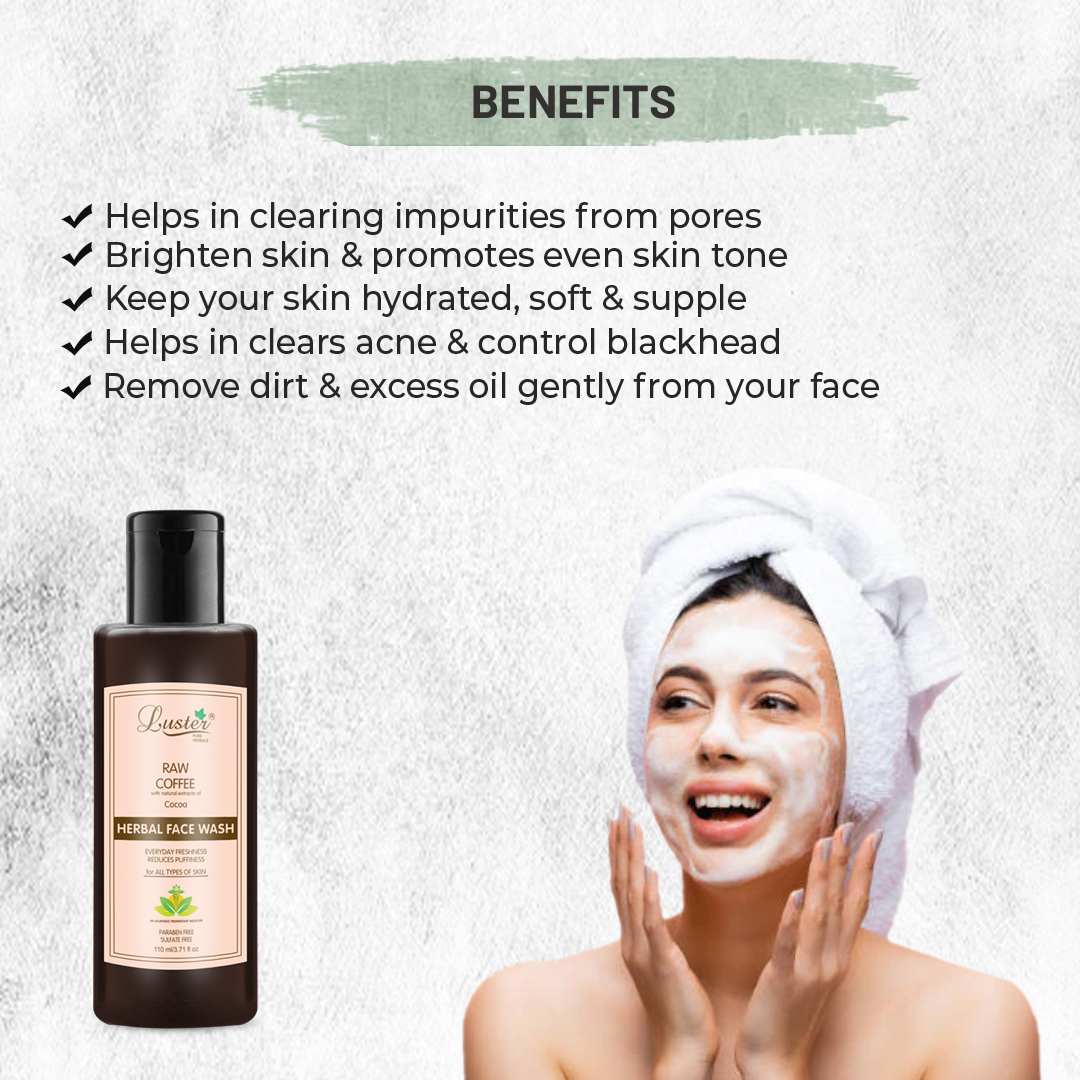 Luster Raw Coffee Face Wash | Enriched With Cocoa Extracts | Reduces Puffiness | Face Wash For Glowing Skin | Women & Men’s Face Wash (Paraben & Sulphate Free) -110ml - Luster Cosmetics