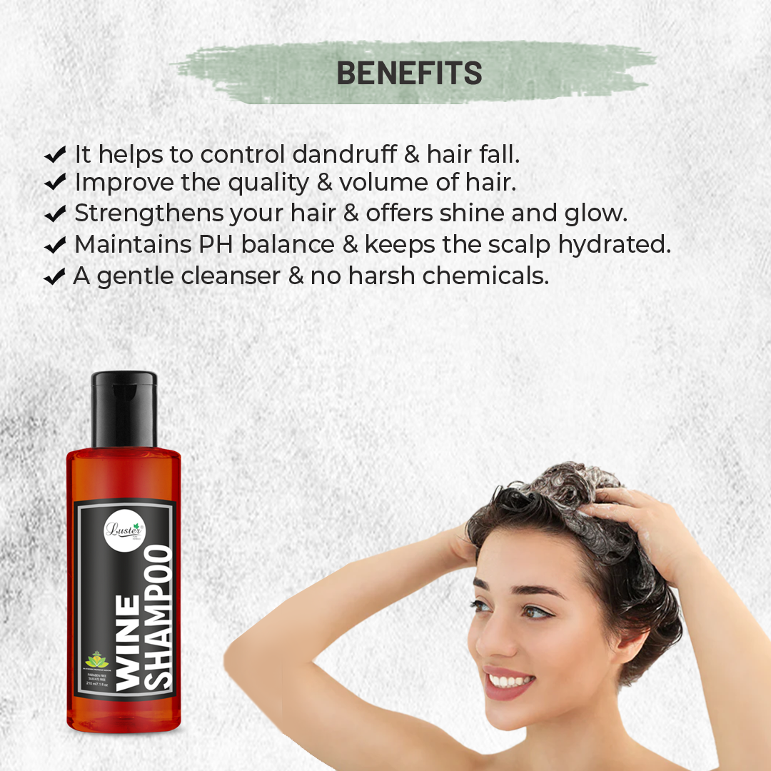 Luster Wine Shampoo For Dry and Frizzy Hair | Best Shampoo For Hair Growth | Wine Shampoo For Women & Men | Made With Natural Ingredients | Paraben & Sulphate Free - 210ml - Luster Cosmetics
