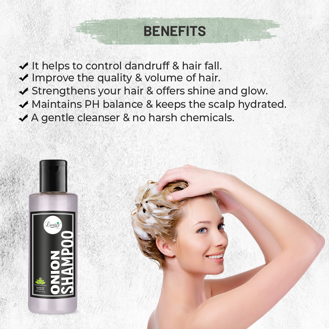 Luster Onion Oil Shampoo | Enriched With Organic Extracts | Shampoo For Hair Growth & Repair | For Dry and Frizzy Hair | For Women & Men | Paraben & Sulphate Free - 210ml - Luster Cosmetics