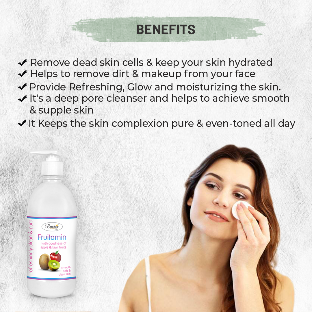 Luster Fruitamin Extra Care Cleansing Milk | Enriched With Apple & Kiwi Extracts | For Smooth Soft & Clean Skin | Cleansing Milk For Face | Paraben & Sulfate Free - 500ml - Luster Cosmetics