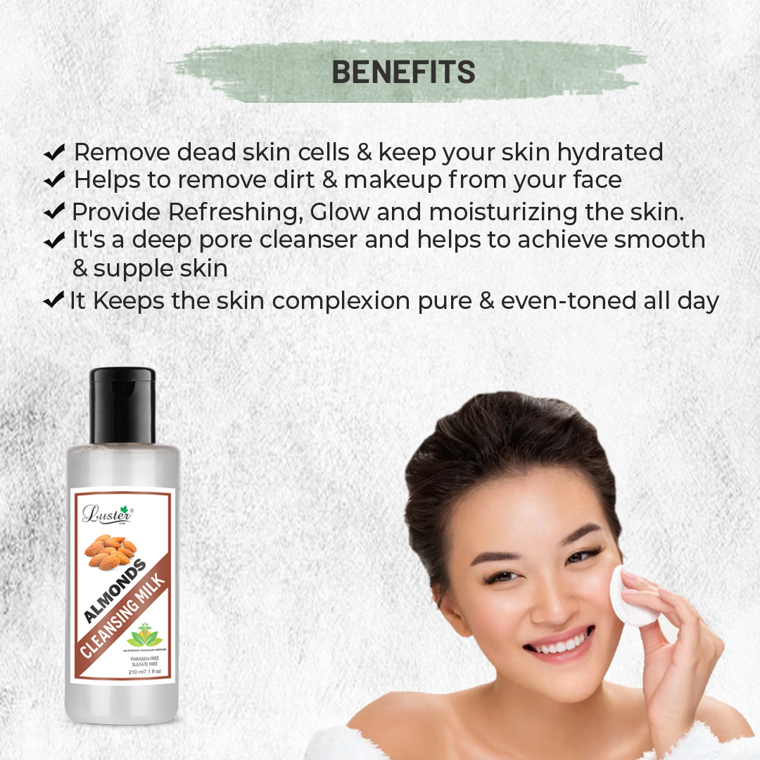 Luster Almond Nourishing Cleansing Milk For Face | Almond With Extra Vitamin E | Cleansing Milk For Dry Skin & Oily Skin | Makeup Remover | Paraben & Sulfate Free - 210ml - Luster Cosmetics