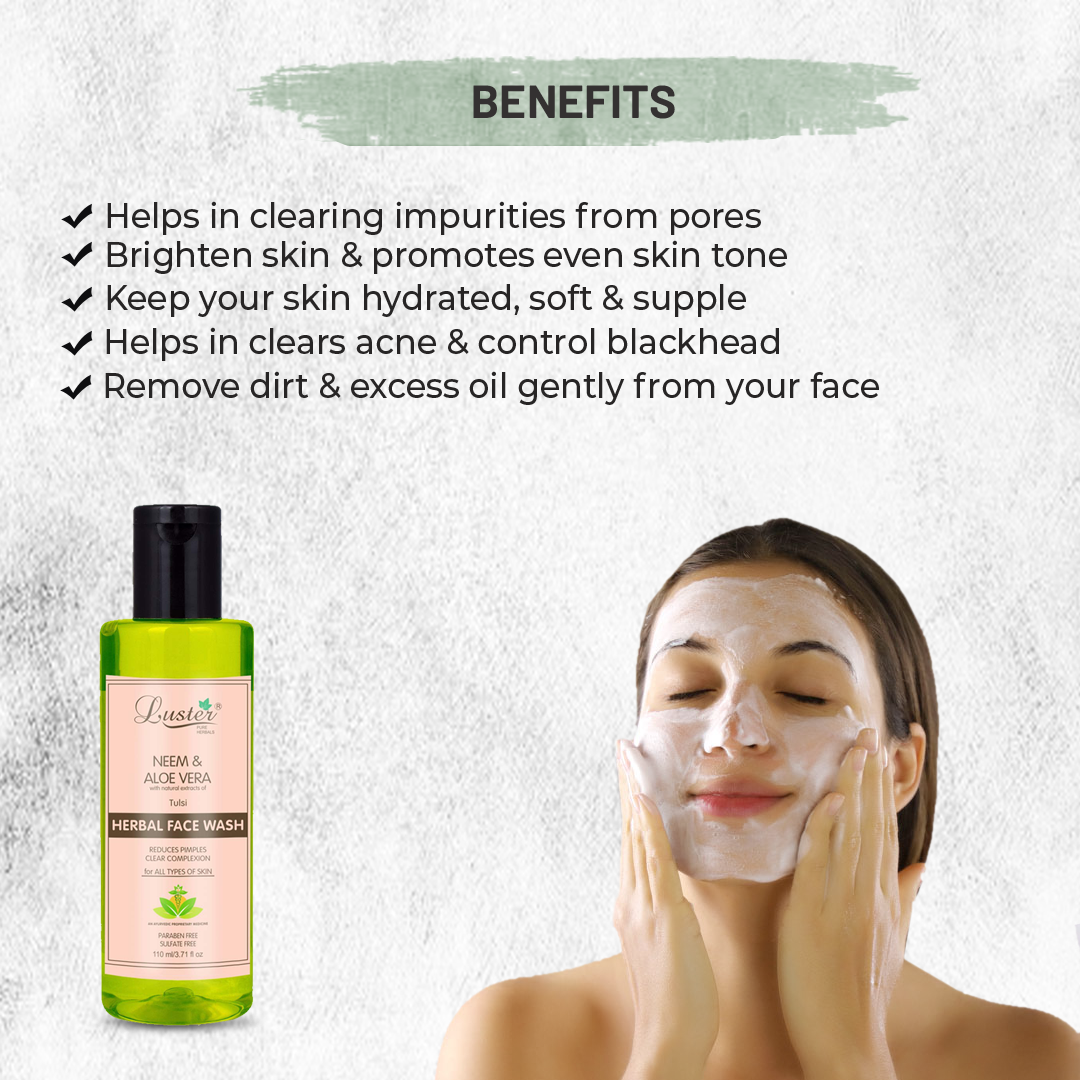Luster Neem & Aloe Vera Face Wash | Enriched With Tulsi Extracts | Reduces Pimples & Clear Complexion | Face Wash For Women & Men | All Skin Types (Paraben & Sulphate Free) -110ml - Luster Cosmetics
