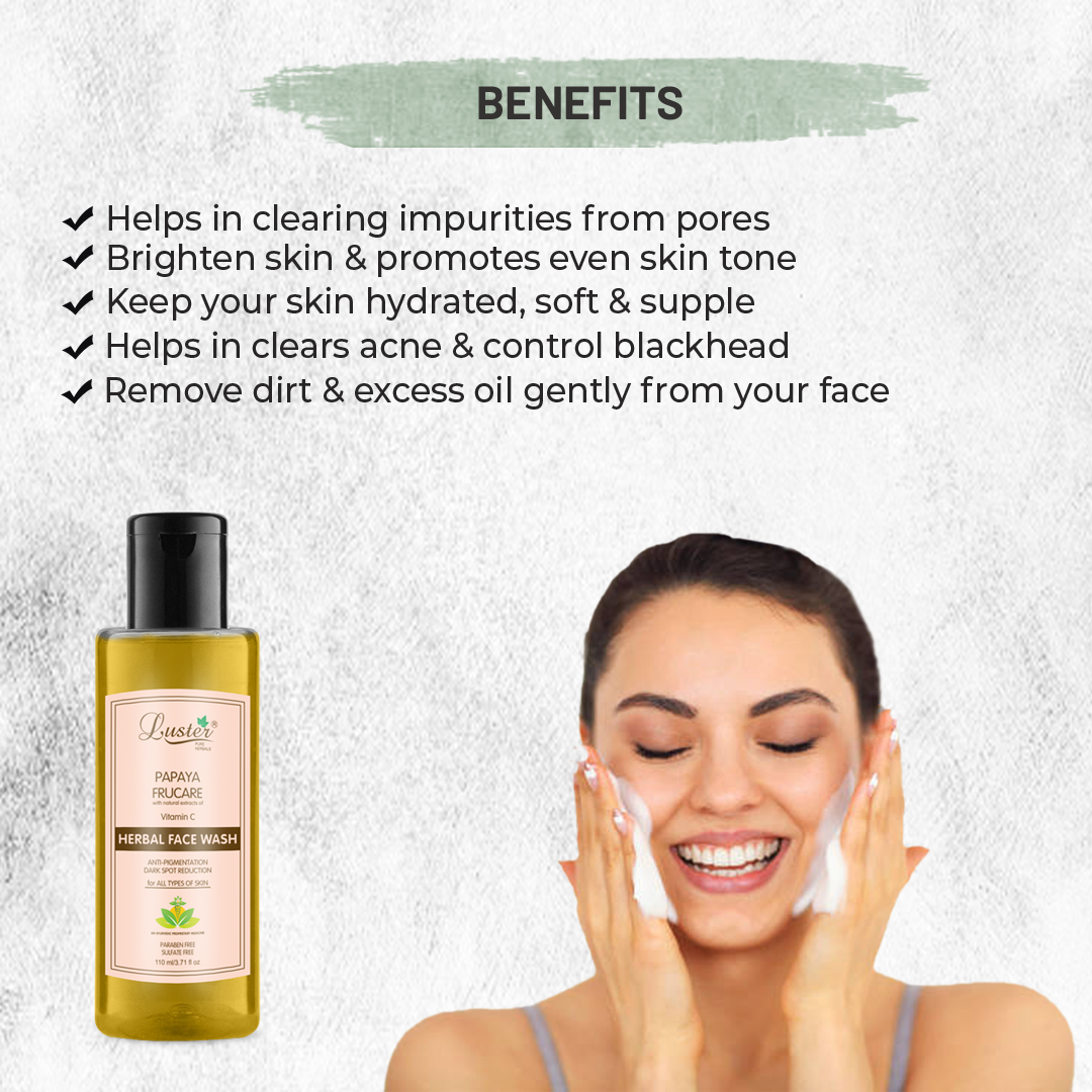 Luster Papaya Frucare Face Wash | Enriched With Vitamin C Extracts | Herbal Face Wash | Anti Pigmentation & Dark Spot Reduction | For Women & Men (Paraben & Sulphate Free) -110ml - Luster Cosmetics
