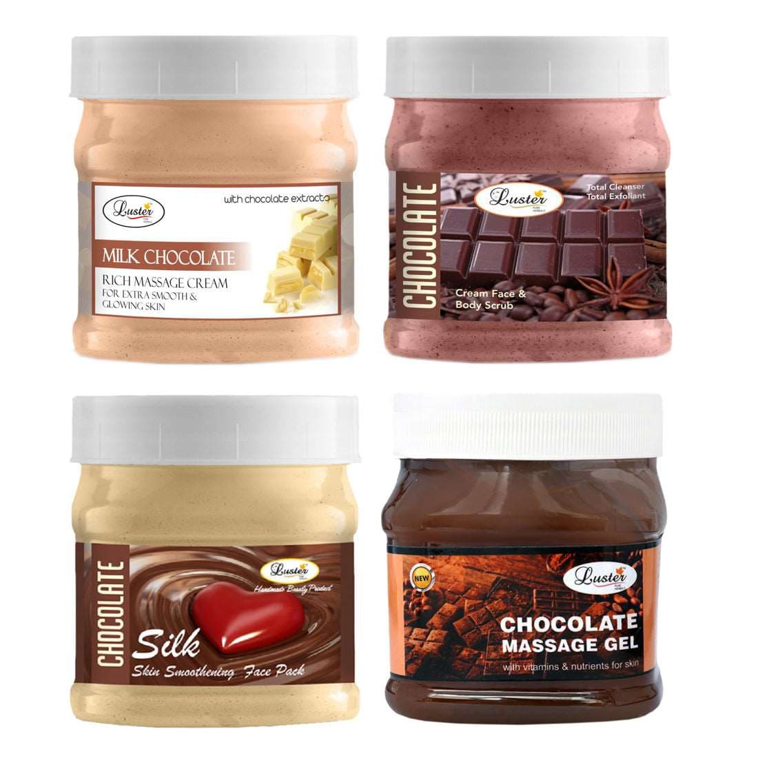 Luster Chocolate Facial Kit | Helps Skin Moisturizing & Nourishing | Facial Scrub | Massage Cream | Massage Gel | Face Pack | Chocolate Facial Kit for Women & Men | No Paraben & Sulfate- 500 ml (Pack of 4).