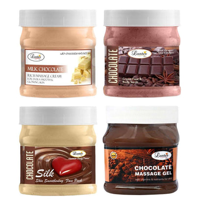Luster Chocolate Facial Kit | Helps Skin Moisturizing & Nourishing | Facial Scrub | Massage Cream | Massage Gel | Face Pack | Chocolate Facial Kit for Women & Men | No Paraben & Sulfate- 500 ml (Pack of 4).