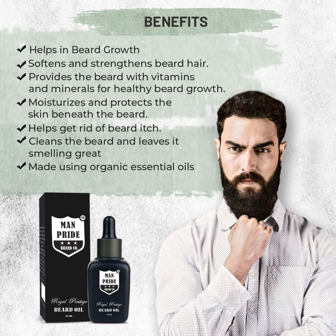 Man Pride Brand Co. Royal Prestige Beard Oil | 100 % Natural Beard Oil for Men | Blend of Essential Oils | Beard Growth Oil | 30ml - Luster Cosmetics
