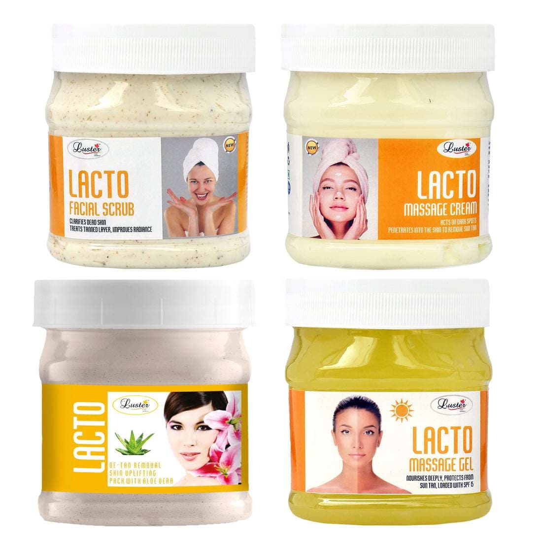 Luster Lacto Facial Kit | Removes Sun Tan & Dark Spot | Lacto Facial Scrub | Lacto Massage Cream | Lacto Massage Gel | Lacto Face Pack | No Paraben & Sulfate- 500 ml (Pack of 4).