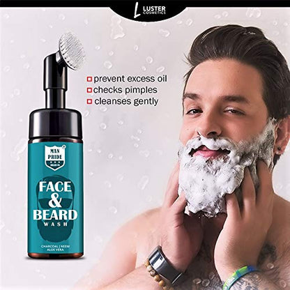 Man Pride Brand Co. Combo Pack | Beard Oil For Faster Beard Growth (30ml) | Charcoal, Neem & Aloe Vera Foaming Face Wash with Brush (100ml) | Stronghold Hair & Beard Wax For Men (75g). - Luster Cosmetics